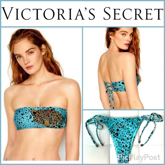 Victoria's Secret Swim Set Strappy Ruched Brazilian Blue Leopard 2 Piece S NEW - Picture 14 of 14